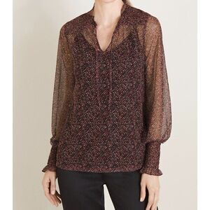 Chico's Sheer Long Sleeve Blouse Herringbone-Print Mesh Top Size 1 NWOT